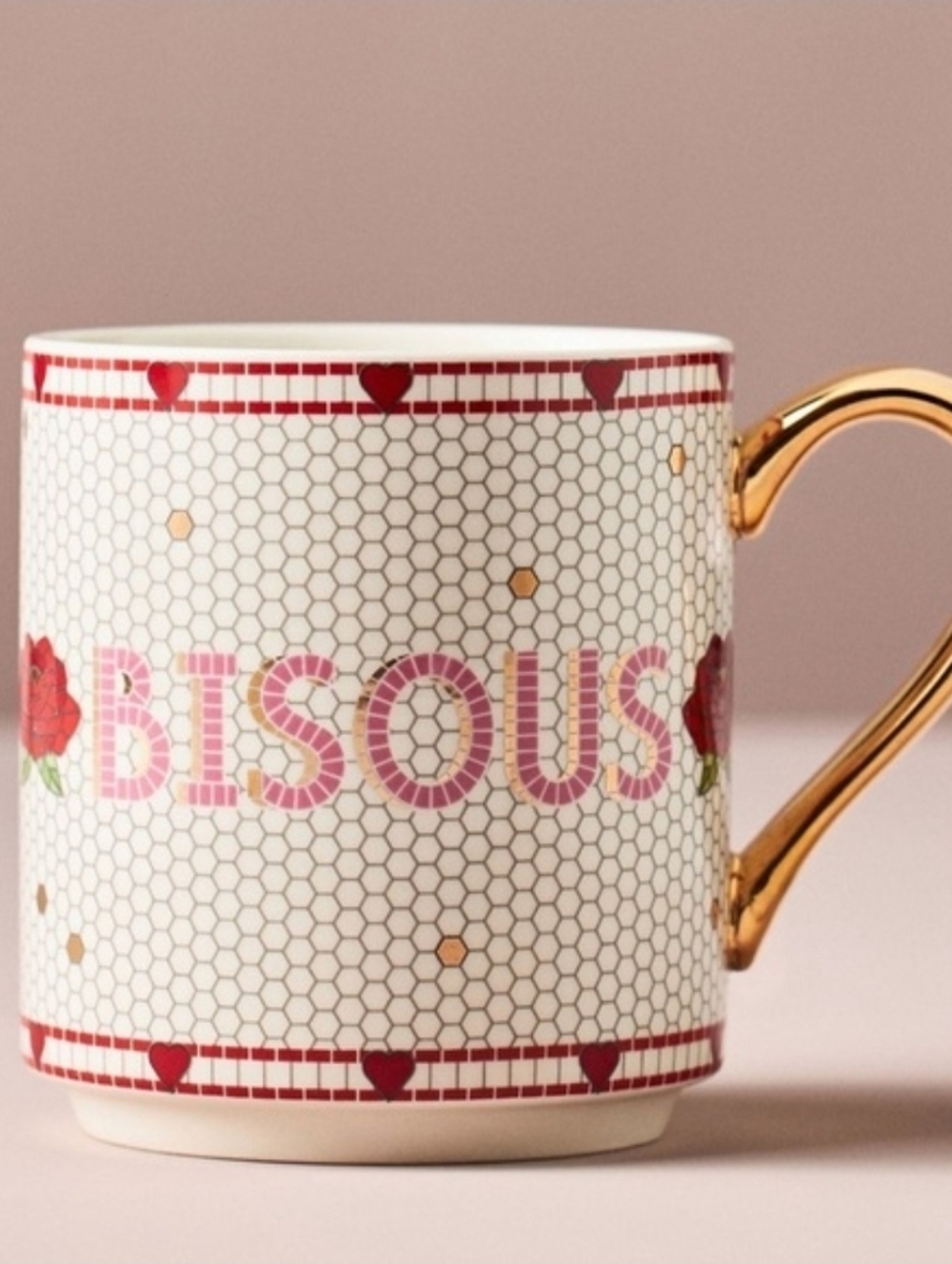 Anthropologie Bistro Tile Stoneware 24k Gold Accent Mug Valentine Edition Bisous